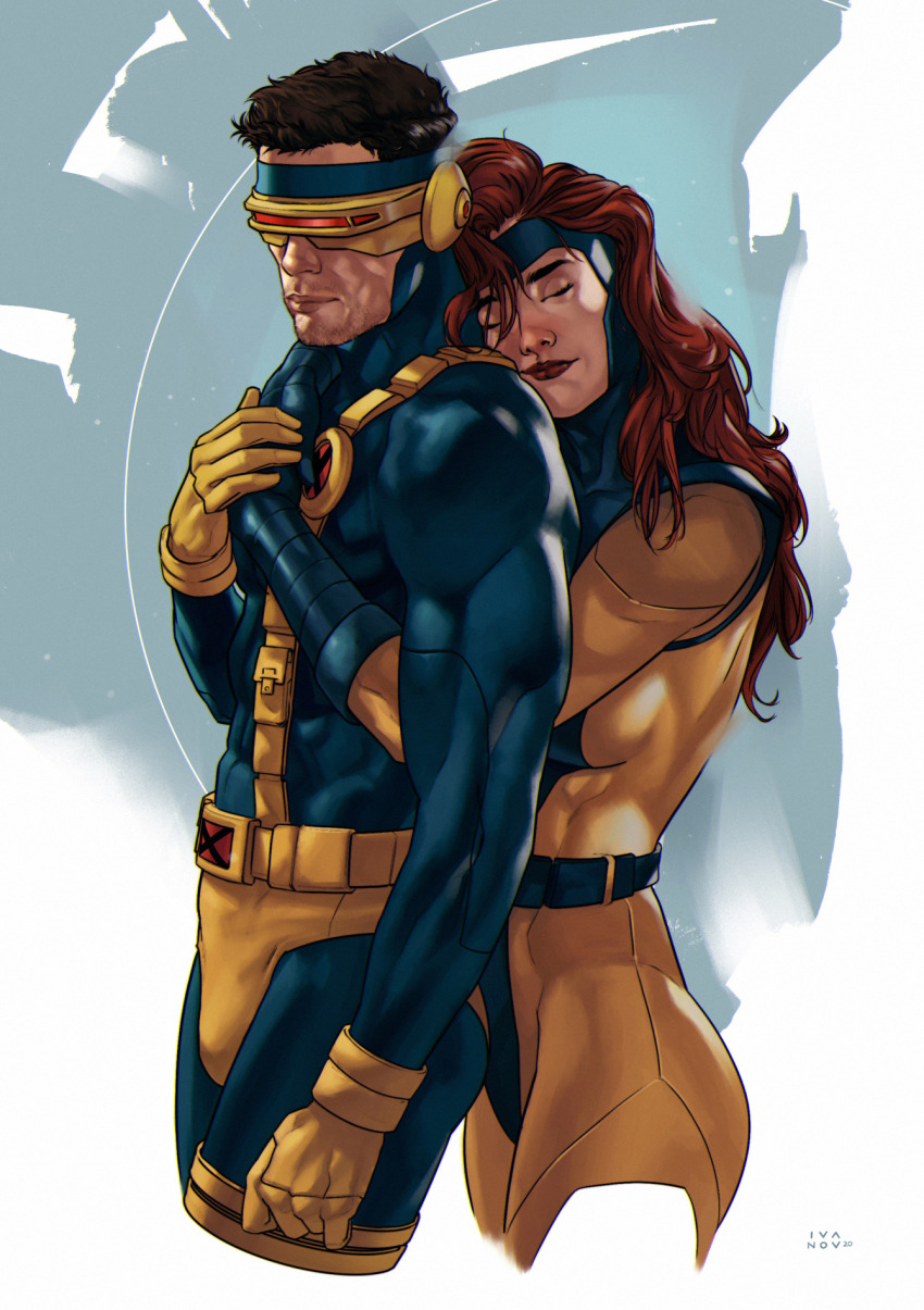 1boy 1girl blue_bodysuit bodysuit brown_hair closed_eyes cyclops_(x-men) dima_ivanov gloves highres hug hug_from_behind jean_grey long_hair looking_at_viewer male_underwear marvel red_hair short_hair two-tone_bodysuit underwear x-men yellow_bodysuit yellow_gloves yellow_male_underwear