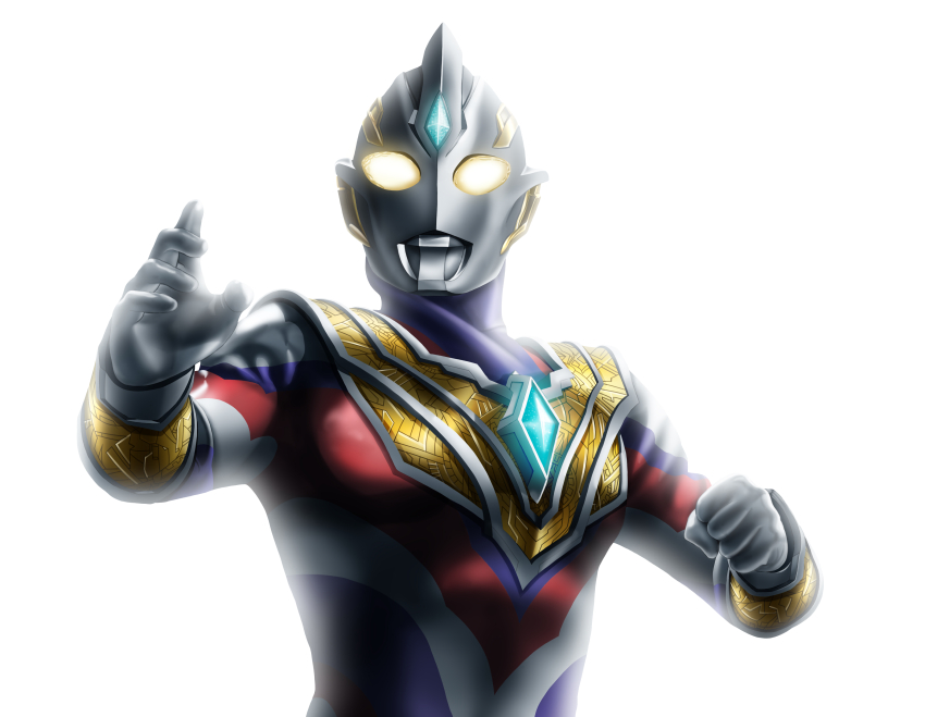 1boy absurdres alien blue_gemstone clenched_hand color_timer colored_skin commentary compound_eyes crystal dorsal_fin fighting_stance forehead_jewel gem glowing glowing_eyes gold_vambraces hands_up highres looking_at_viewer male_focus multicolored_skin muscular muscular_male outstretched_arms overexposure pectorals purple_skin red_skin silver_skin silver_trim simple_background solo tokusatsu ultra_series ultraman_trigger ultraman_trigger_(multi_type) ultraman_trigger_(series) upper_body vambraces white_background wrinkled_skin yellow_eyes yoshifuto