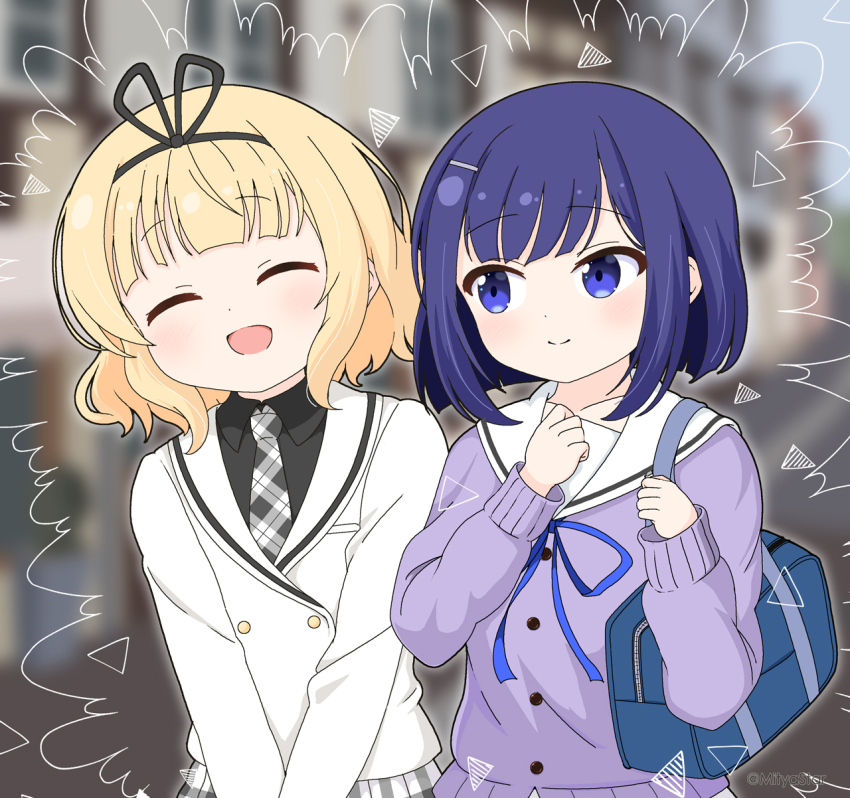 2girls :d ^_^ bag black_shirt blazer blonde_hair blue_eyes blue_hair blue_ribbon blurry blurry_background blush closed_eyes closed_mouth collared_shirt commentary_request depth_of_field fuiba_fuyu gochuumon_wa_usagi_desu_ka? grey_necktie hands_up highres jacket kirima_syaro leaning_to_the_side long_sleeves mitya multiple_girls neck_ribbon necktie open_mouth plaid_clothes plaid_necktie plaid_skirt pleated_skirt puffy_long_sleeves puffy_sleeves purple_shirt ribbon sailor_collar school_bag school_uniform serafuku shirt short_hair skirt smile upper_body white_jacket white_sailor_collar