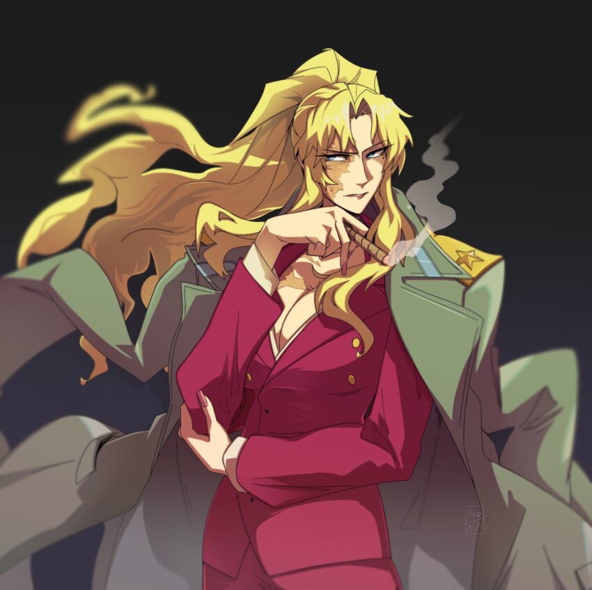 1girl arm_across_waist balalaika_(black_lagoon) black_background black_lagoon blonde_hair blue_eyes breasts burn_scar buttons cigar cleavage coat coat_on_shoulders commentary commission cowboy_shot floating_hair formal_clothes gradient_background green_coat hand_up holding holding_cigar jacket kamuify large_breasts long_hair long_sleeves looking_to_the_side mole mole_under_eye parted_bangs ponytail red_jacket red_suit scar scar_on_face sideways_glance signature simple_background smoke solo standing suit wavy_hair