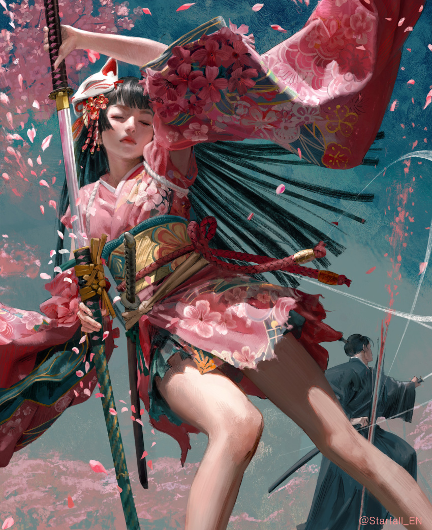1boy 1girl black_hair black_robe blunt_bangs closed_eyes closed_mouth commentary cowboy_shot english_commentary floral_print flower fox_mask freya:_the_starfall hair_flower hair_ornament highres holding holding_scabbard holding_sword holding_weapon japanese_clothes katana kimono long_hair long_sleeves looking_to_the_side mask mask_on_head outdoors pink_kimono pink_leaf print_kimono red_rope robe rope sangsoo_jeong scabbard sheath short_hair short_sword solo_focus sword tsubaki_(freya:_the_starfall) twitter_username weapon