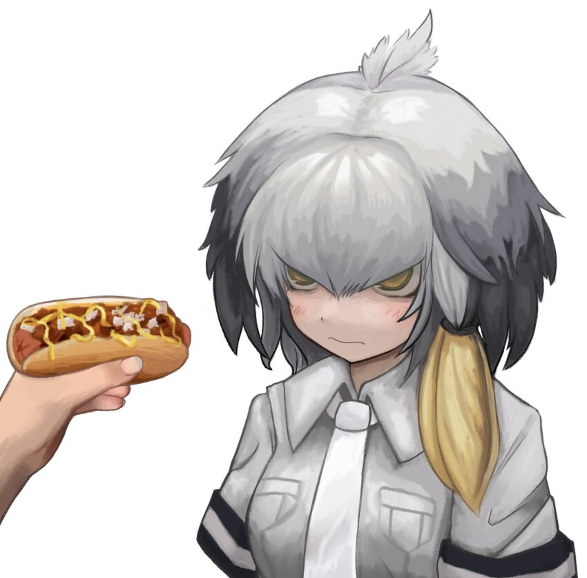 1girl bird_girl bird_wings black_trim blonde_hair blush breast_pocket collared_shirt disembodied_hand grey_hair grey_shirt hair_between_eyes head_wings highres hot_dog kemono_friends light_frown multicolored_hair necktie pocket shirt shoebill_(kemono_friends) short_sleeves sidelocks solo t-shirt upper_body white_necktie wings yellow_eyes zoolpal