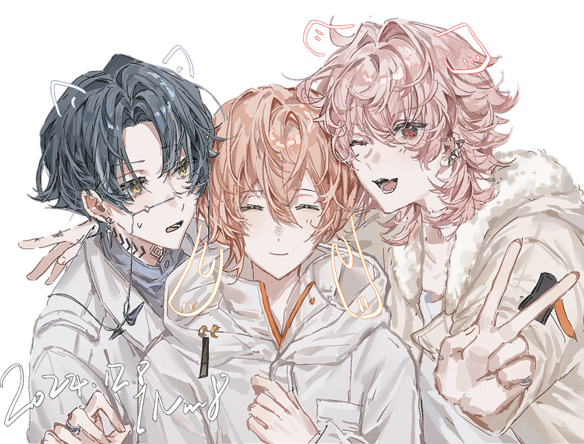 1nm8_(paradox_live) 3boys animal_ears black_hair blue_shirt cat_ears chinese_commentary closed_eyes closed_mouth commentary_request curtained_hair dated dog_ears drawn_ears fangs fur-trimmed_jacket fur_trim hair_intakes hand_on_own_chest highres hood hood_down hoodie itsuki_(paradox_live) jacket jiu_ba long_sleeves lop_rabbit_ears male_focus medium_hair miyama_kei multiple_boys neck_tattoo one_eye_closed open_clothes open_jacket open_mouth orange_hair paradox_live parted_bangs pink_hair rabbit_ears red_eyes rokuta_(paradox_live) shirt short_hair simple_background smile sweat tattoo v variant_set white_background white_hoodie white_jacket yellow_eyes