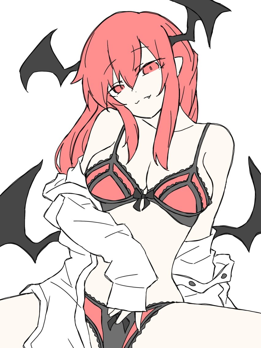 1girl black_bow black_wings bow bow_bra bow_panties bra breasts buttons cleavage closed_mouth cowboy_shot demon_girl demon_wings fang fang_out frilled_bra frilled_panties frills fumomono head_wings highres koakuma long_hair looking_at_viewer low_wings medium_breasts off_shoulder panties partially_undressed pointy_ears red_bra red_eyes red_hair red_panties shirt shirt_partially_removed sidelocks simple_background sitting sleeves_past_wrists smile solo touhou underwear white_background white_shirt wings