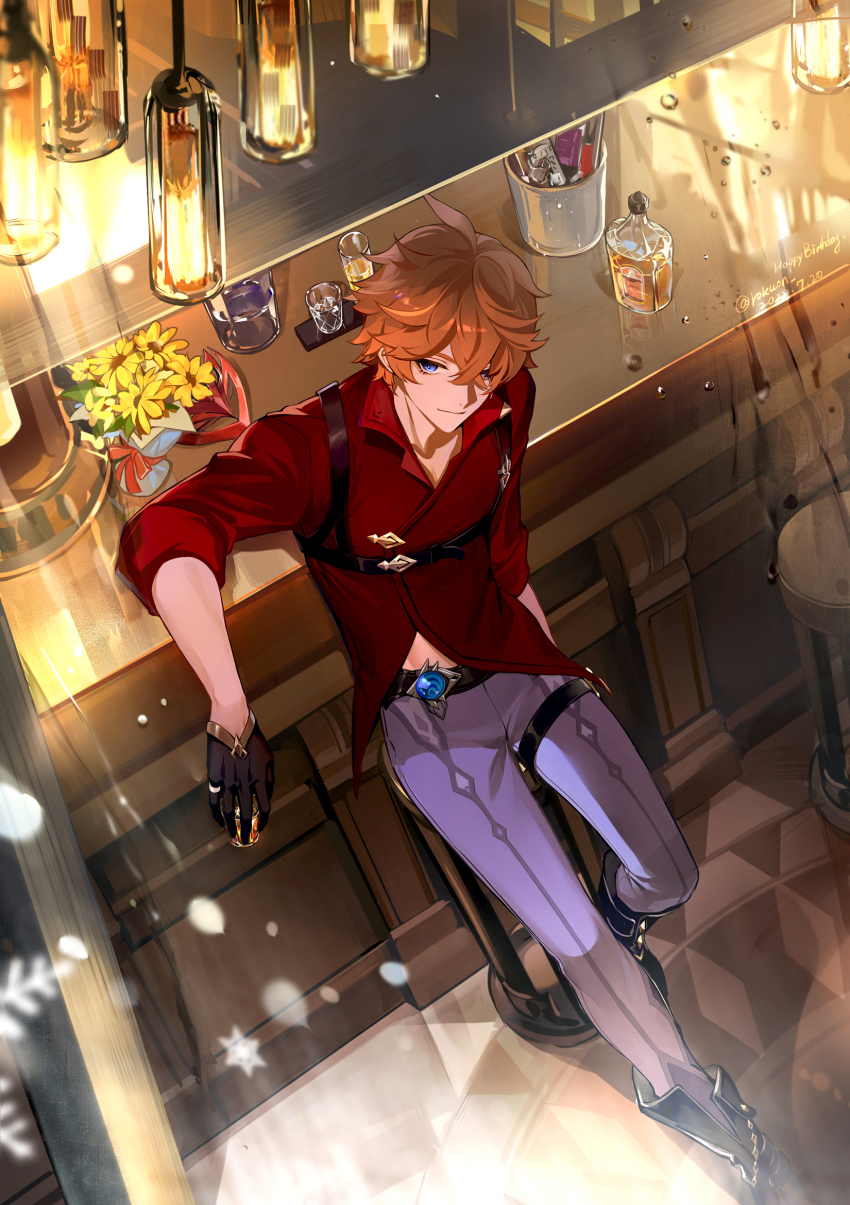 1boy ahoge alcohol artist_name black_boots black_gloves blue_eyes boots bottle bouquet bucket chinese_commentary closed_mouth collared_shirt commentary_request counter crossed_bangs cup earrings english_text eyelashes flower full_body genshin_impact gloves grey_pants hair_between_eyes half_gloves hanging_light happy_birthday highres holding holding_cup indoors jewelry long_sleeves looking_at_viewer male_focus mask on_stool orange_hair pants red_shirt rokuon shirt short_hair single_earring sitting sleeves_rolled_up smile solo stool tartaglia_(genshin_impact) thigh_strap twitter_username unworn_mask vision_(genshin_impact) yellow_flower
