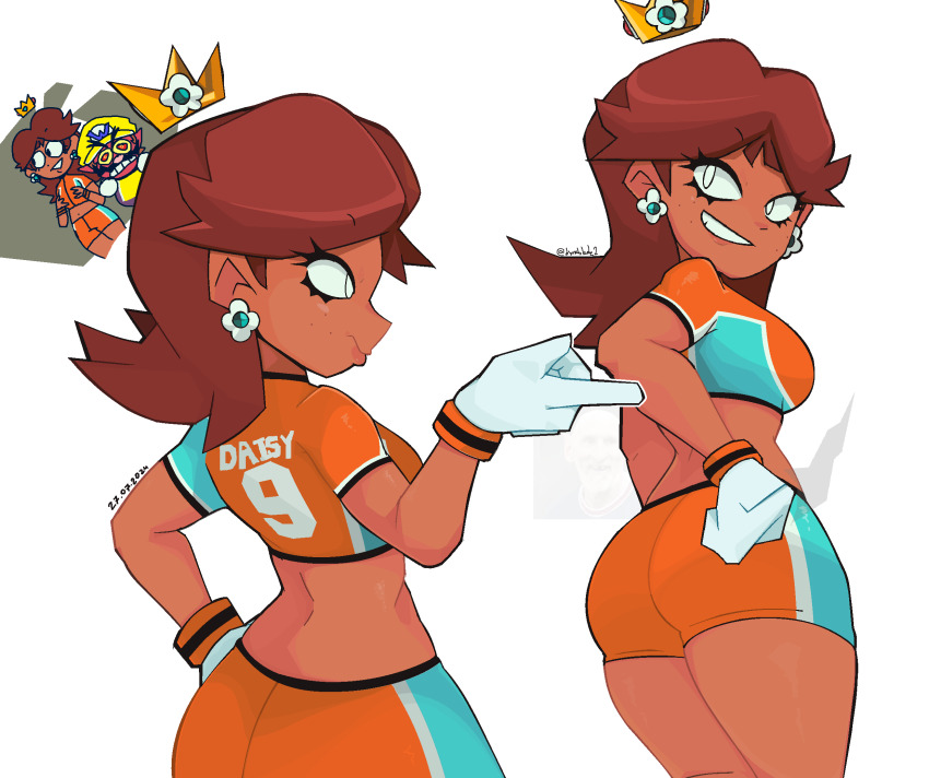 1boy 1girl artist_name ass blue_eyes breasts brown_hair daisy&#039;s_hot_stuff_(meme) dated gloves grin hand_on_own_hip highres large_breasts legs looking_at_viewer looking_back mario_(series) mario_strikers_(series) mendo&#039;s_art midriff nintendo princess_daisy short_hair shorts sideboob smile soccer soccer_uniform sportswear striker_daisy super_mario_strikers thighs wario white_eyes