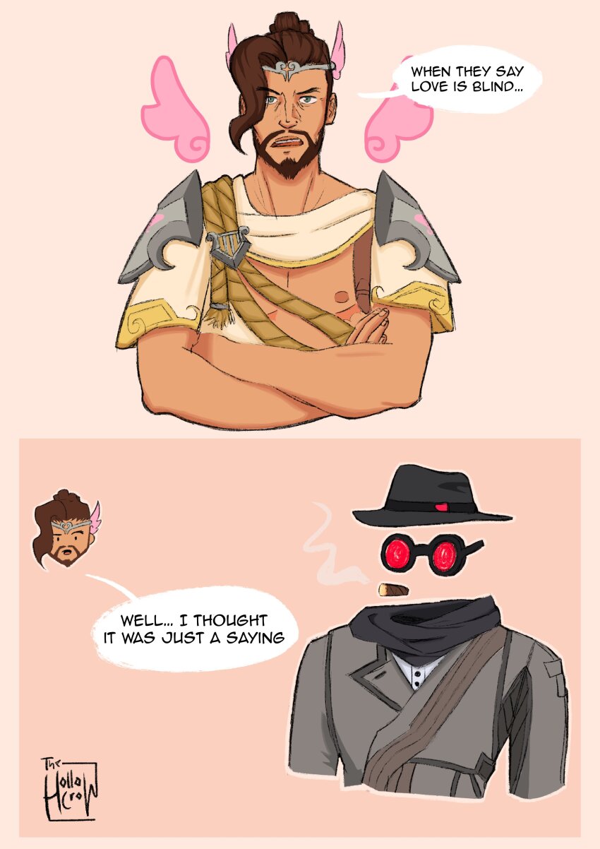 2boys 2koma absurdres armor beard black_headwear black_scarf brown_hair cassidy_(overwatch) comic commentary crossed_arms cupid cupid_hanzo english_commentary english_text facial_hair glasses hanzo_(overwatch) highres invisible_man male_focus multiple_boys nipples official_alternate_costume open_mouth overwatch overwatch_2 pink_wings scarf short_hair shoulder_armor simple_background smoking smoking_pipe speech_bubble teeth thehollowcrow upper_body upper_teeth_only wings yaoi