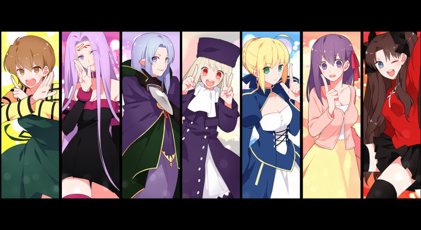 6+girls ahoge apron artoria_pendragon_(fate) black_legwear blonde_hair blouse blue_eyes breasts brown_eyes brown_hair cleavage cloak collar countdown dress fate/stay_night fate_(series) fujimura_taiga fur_hat green_eyes gum_(gmng) hat highres hood hood_down illyasviel_von_einzbern index_finger_raised mask matou_sakura medea_(caster)_(fate) medea_(fate) medusa_(fate) medusa_(rider)_(fate) multiple_girls one_eye_closed open_mouth papakha pointy_ears purple_eyes purple_hair purple_hat red_eyes saber_(fate) shirt short_hair skirt smile square_pupils striped_clothes striped_shirt thighhighs tohsaka_rin twintails unworn_mask zettai_ryouiki