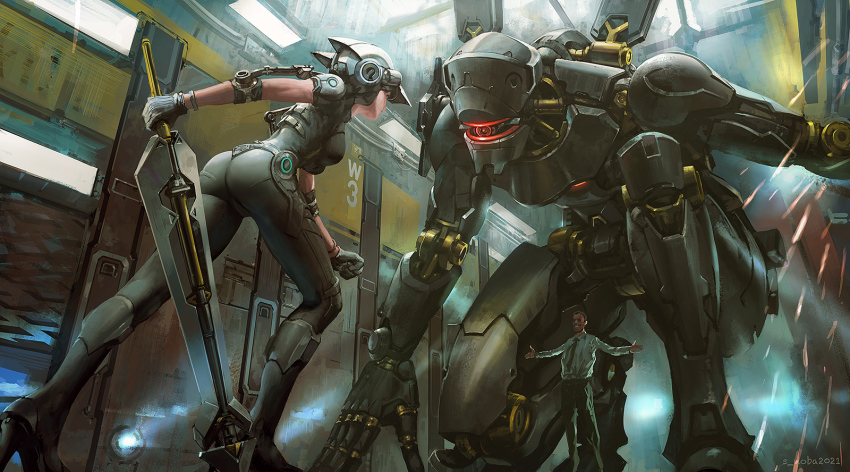 1boy 1girl artist_name ass black_hair breasts clenched_hand commentary_request duel gloves glowing helmet high_heels highres holding holding_sword holding_weapon indoors leaning_forward mecha necktie noba on_one_knee original outstretched_arms pants power_suit robot shirt short_hair smile sparks spread_arms sword weapon
