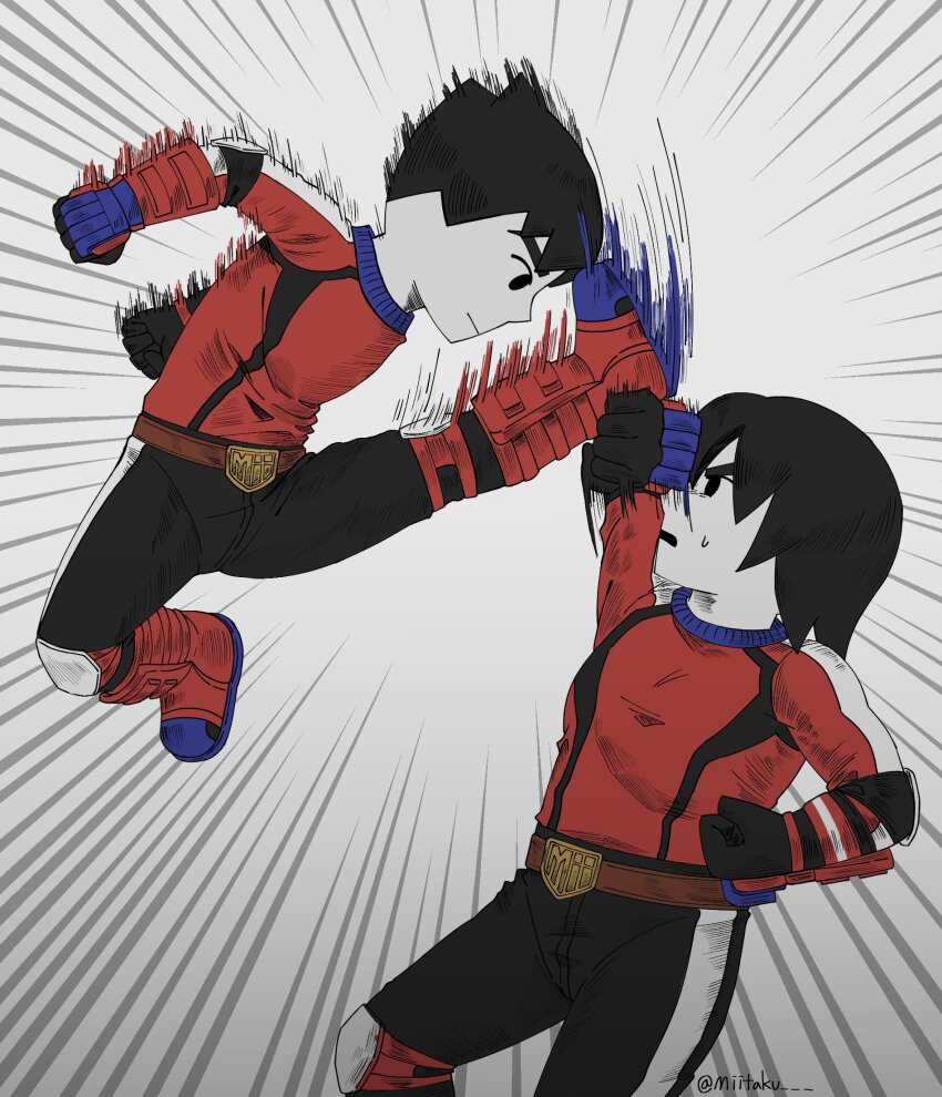 2boys belt belt_buckle black_eyes black_gloves black_hair black_pants boots buckle clenched_hand clenched_hands closed_mouth colored_skin crossover duel emphasis_lines gloves highres kicking knee_pads long_hair long_sleeves looking_at_another male_focus mii_(nintendo) mii_brawler mii_brawler_(smash_4) mii_brawler_(smash_ultimate) miitaku motion_lines multiple_boys nintendo open_mouth pants parrying punching red_gloves red_shirt shirt short_hair simple_background thick_eyebrows track_suit twitter_username white_background white_skin