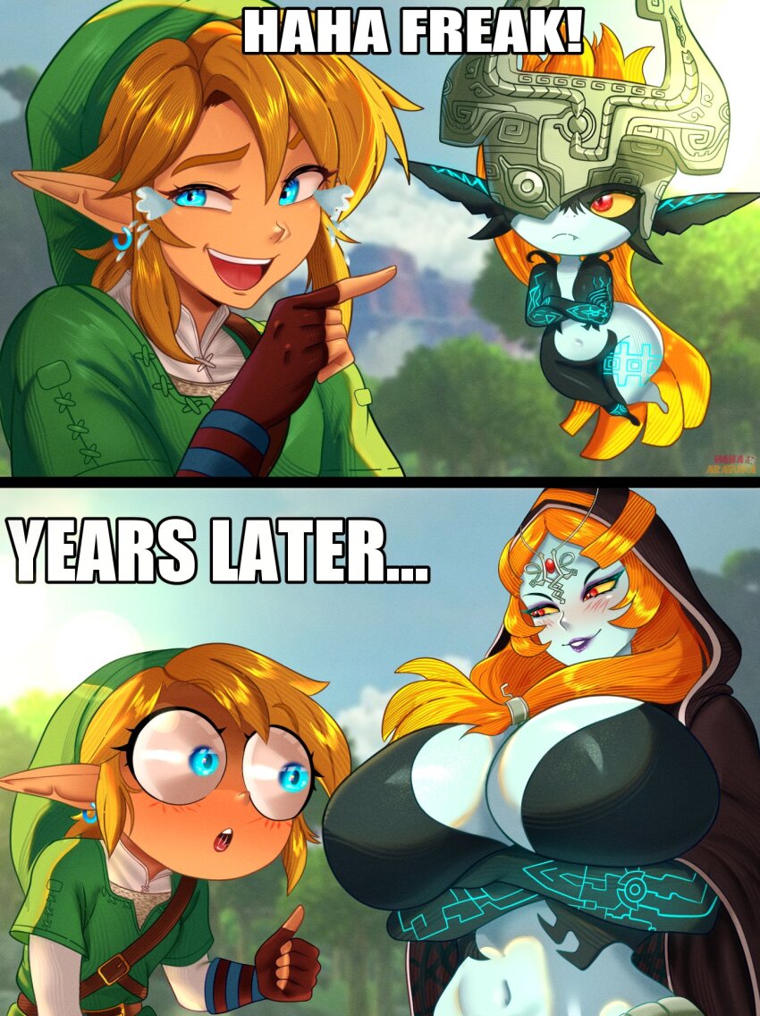 1boy 1girl before_and_after black_skin blue_eyes blue_skin breasts colored_sclera colored_skin eyeshadow front_ponytail green_tunic grey_skin hanagoori_arasuka helmet highres huge_breasts link long_hair looking_at_another makeup midna midna_(true) multicolored_skin neon_trim nintendo orange_hair pointy_ears pout purple_eyeshadow purple_lips red_eyes shortstack smile teasing the_legend_of_zelda the_legend_of_zelda:_twilight_princess thumbs_up tunic two-tone_skin wide-eyed wide_hips yellow_sclera