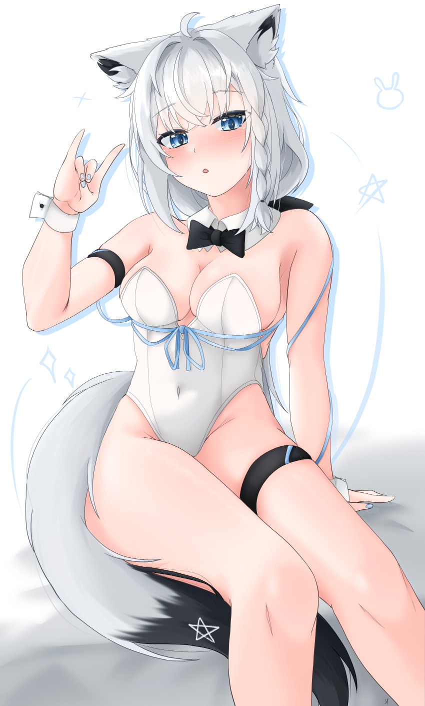 1girl absurdres ahoge animal_ear_fluff animal_ears arm_strap black_bow black_bowtie blue_eyes blue_nails blue_ribbon blush bow bowtie braid breasts commentary_request covered_erect_nipples detached_sleeves earrings fox_ears fox_girl fox_shadow_puppet fox_tail hair_between_eyes hair_bow highres hololive jewelry leotard long_hair looking_at_viewer medium_breasts open_mouth original playboy_bunny ribbon shirakami_fubuki sidelocks simple_background single_braid sitting solo st-147 tail thigh_strap virtual_youtuber white_background white_hair white_leotard
