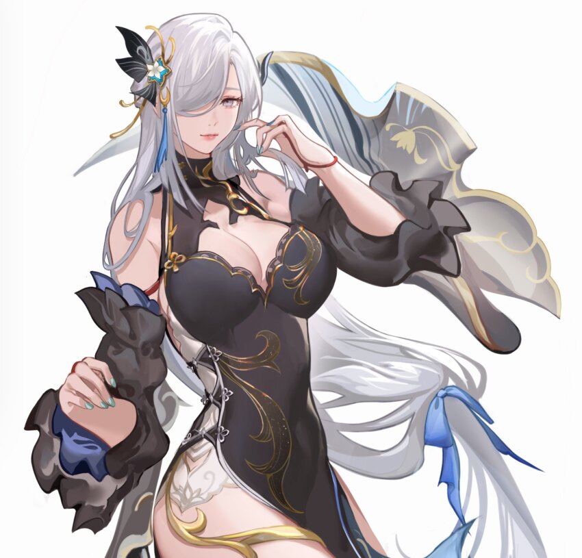 1girl black_dress black_hat blue_ribbon breasts chinese_clothes cleavage cleavage_cutout clothing_cutout commentary detached_sleeves dress english_commentary genshin_impact grey_eyes hair_ornament hair_over_one_eye hair_ribbon hat highres large_breasts long_hair long_sleeves low-tied_long_hair nevercrymoon ribbon shenhe_(frostflower_dew)_(genshin_impact) shenhe_(genshin_impact) solo tassel tassel_hair_ornament very_long_hair white_hair