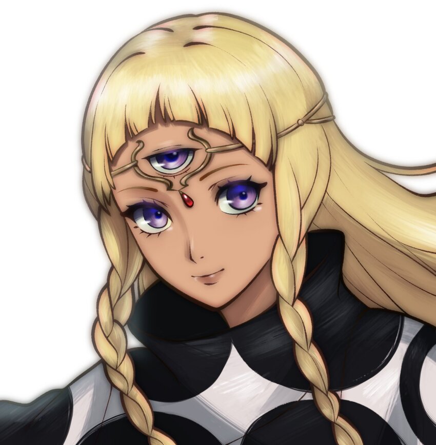 1girl blonde_hair braid circlet closed_mouth commentary dark-skinned_female dark_skin english_commentary eupha_(metaphor:_refantazio) highres jewelry lips long_hair looking_at_viewer metaphor:_refantazio poncho purple_eyes rotomdocs simple_background smile solo third_eye twin_braids white_background