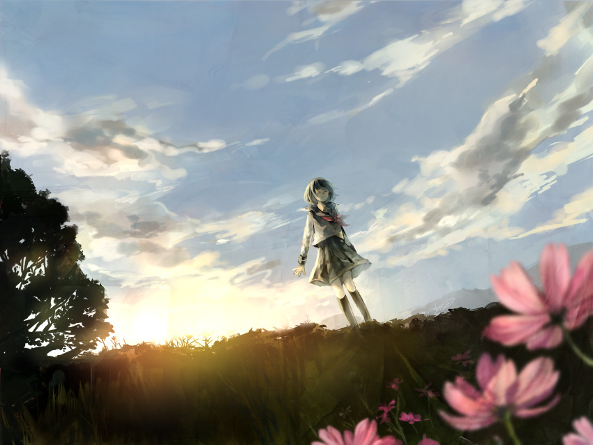 1girl absurdres akise0606 black_hair black_socks closed_eyes cloud commentary_request dawn field flower flower_request highres horizon long_sleeves neckerchief original outdoors pink_flower pleated_skirt red_neckerchief scenery shirt skirt socks solo tree white_shirt