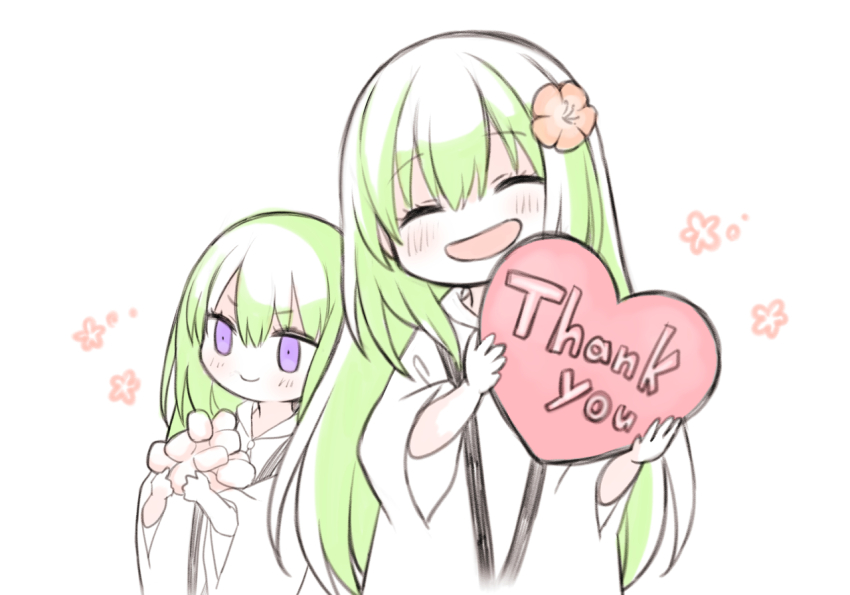 1boy 1other commentary_request dual_persona enkidu_(fate) fate/grand_order fate_(series) flower food green_hair hair_flower hair_ornament holding kingu_(fate) marshmallow open_mouth purple_eyes robe smile thank_you v-shaped_eyebrows white_robe yoyo_9ea
