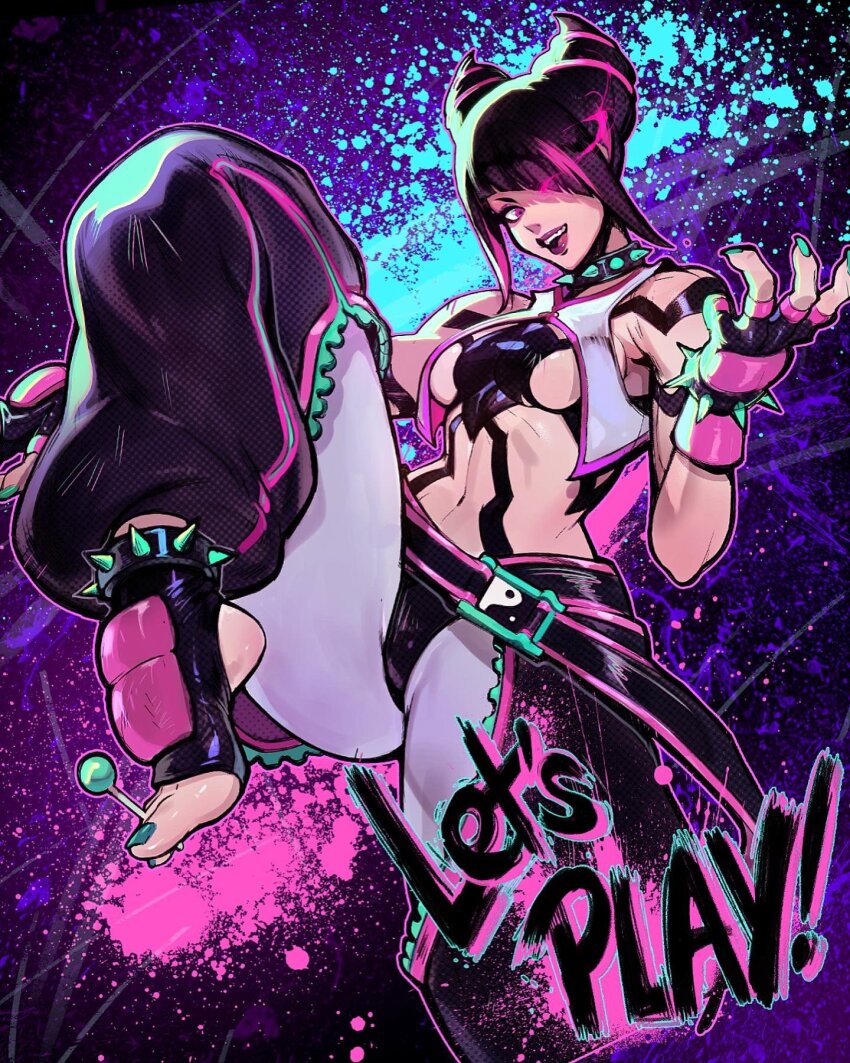 1girl breasts candy capcom choker female_focus fingerless_gloves food full_body gloves glowing hair_horns hair_over_one_eye han_juri highres leg_lift lipstick lollipop looking_at_viewer makeup medium_hair nail_polish navel pink_eyes reiq small_breasts solo spiked_choker spikes stirrup_legwear street_fighter street_fighter_6 toeless_legwear toenail_polish toenails toes
