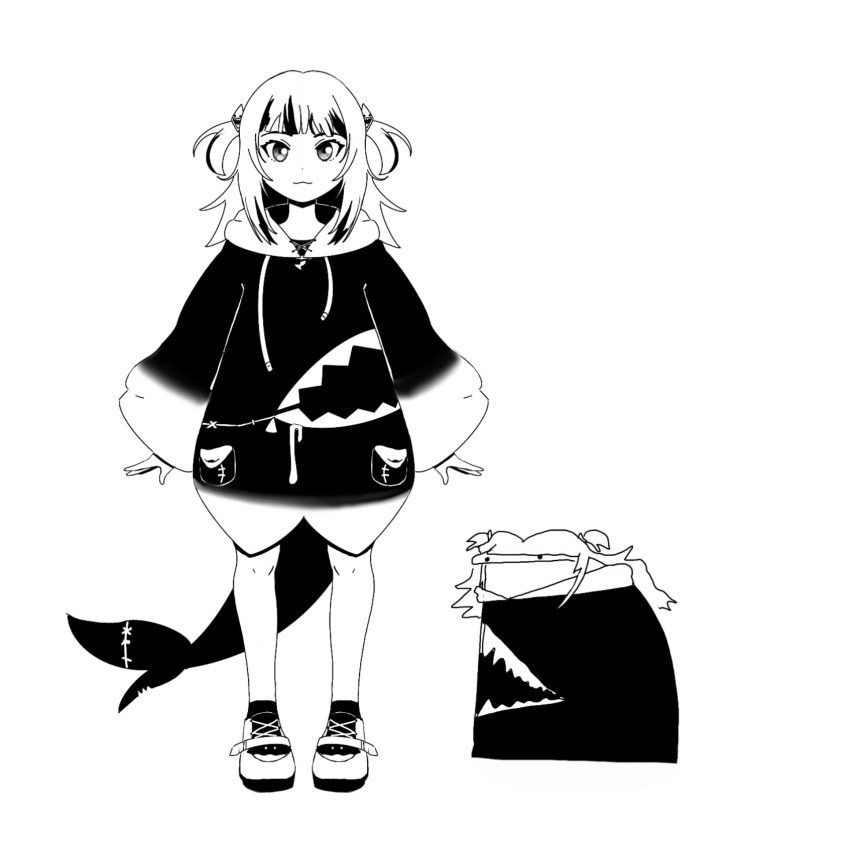 1girl :3 animal_costume blunt_bangs drawstring fins fish_tail florkofcows florks full_body gawr_gura gawr_gura_(1st_costume) hair_ornament high_contrast highres hololive hololive_english hood hood_down looking_at_viewer monochrome shark_costume shark_girl shark_hair_ornament shark_tail simple_background standing tail two_side_up virtual_youtuber white_background wide_sleeves