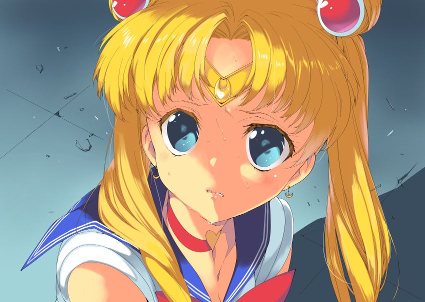 1girl aqua_eyes bishoujo_senshi_sailor_moon blonde_hair blue_sailor_collar bow breasts choker cleavage closed_mouth collarbone crescent crescent_earrings double_bun earrings from_above hair_bun hair_ornament heart heart_choker highres jewelry lips long_hair magical_girl medium_breasts meme midori_no_ruupe portrait red_choker sailor_collar sailor_moon sailor_moon_redraw_challenge_(meme) sailor_senshi sailor_senshi_uniform school_uniform serafuku solo teeth twintails very_long_hair wavy_hair