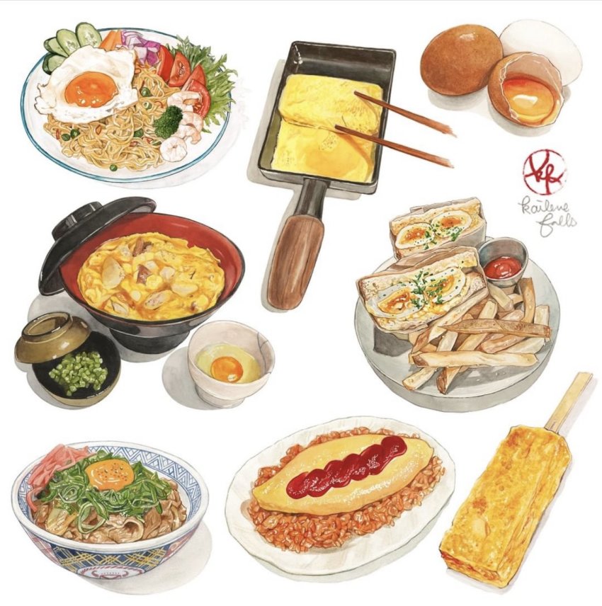 artist_logo beans bowl bread broccoli broken_egg carrot chopsticks commentary cucumber cucumber_slice donburi egg egg_(food) english_commentary food food_focus food_request french_fries fried_egg fried_rice frying_pan kailene ketchup logo makiyakinabe mixed-language_commentary no_humans noodles omelet omurice onion original painting_(medium) plate raw_egg rice salt sandwich scrambled_egg shrimp signature simple_background softboiled_egg soup spring_onion still_life tamagoyaki tomato traditional_media vegetable watercolor_(medium) white_background wrapper