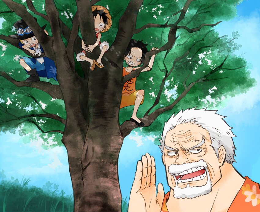4boys aged_down beard blue_coat coat facial_hair freckles goggles goggles_on_headwear grandfather_and_grandson grey_hair hat hiding highres male_focus monkey_d._garp monkey_d._luffy multiple_boys old old_man one_piece portgas_d._ace sabo_(one_piece) sandals scar scar_on_face shorts straw_hat sumomo_(momoringo56) sweatdrop tree white_hair