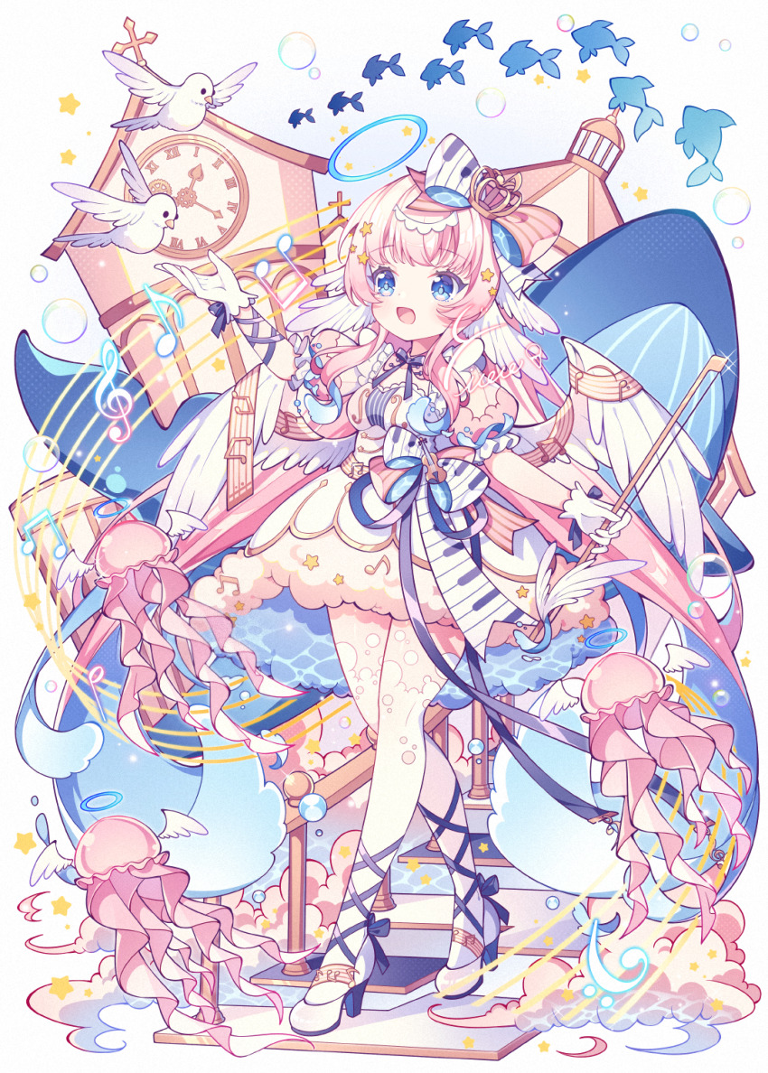 1girl bird blonde_hair blue_eyes blue_halo blunt_bangs bow bow_(music) bowtie commentary dress fish from_side full_body gloves hair_bow halo head_wings high_heels highres holding holding_umbrella hyou_(pixiv3677917) jellyfish multicolored_hair musical_note open_mouth original pink_hair puffy_short_sleeves puffy_sleeves purple_bow short_sleeves simple_background musical_staff standing symbol-only_commentary thighhighs two-tone_hair umbrella whale white_background white_bird white_dress white_footwear white_gloves white_thighhighs white_wings wings
