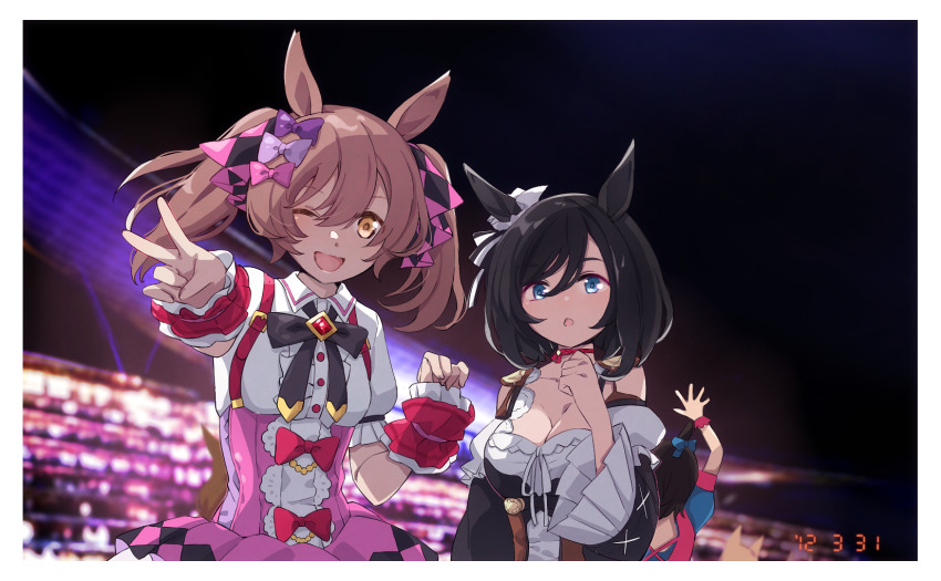 2girls :o animal_ears black_hair blue_eyes bow bowtie breasts brown_hair center_frills choker cleavage concert dated dirndl dress eishin_flash_(umamusume) frills german_clothes hair_between_eyes hair_bow highres horse_ears looking_at_viewer medium_breasts multiple_girls nanaheibei_3 night one_eye_closed outstretched_arm people puffy_short_sleeves puffy_sleeves segment_display short_sleeves skirt smart_falcon_(umamusume) smile stage_lights suspender_skirt suspenders twintails umamusume upper_body v white_dress wrist_cuffs yellow_eyes