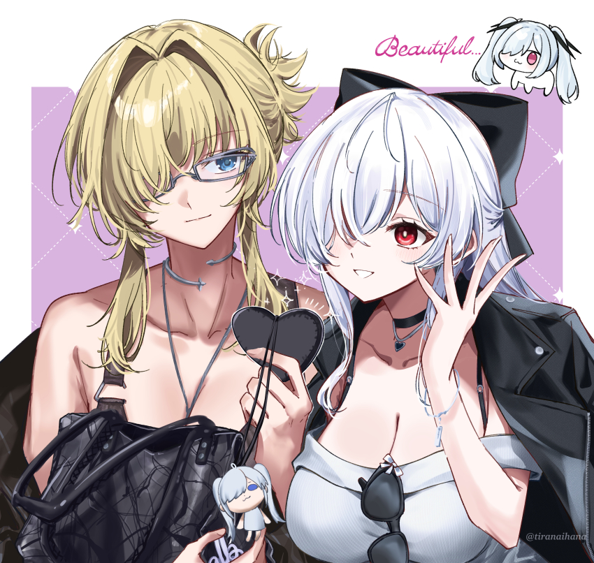 2girls absurdres bag bare_shoulders bikini black_bikini black_bow black_choker black_jacket blonde_hair blue_eyes bow breasts character_charm charm_(object) choker cinderella_(beautiful_me)_(nikke) cinderella_(nikke) cleavage closed_mouth collar collarbone commentary_request dongtan_dress doro_(nikke) dress eyewear_hang glasses goddess_of_victory:_nikke grave_(beautiful_you)_(nikke) grave_(nikke) grey_dress hair_between_eyes hair_bow hair_intakes hair_over_one_eye hand_up handbag highres holding holding_bag holding_mirror jacket jacket_on_shoulders jewelry large_breasts leather leather_jacket long_hair looking_at_another looking_at_mirror meme_attire metal_collar mirror multiple_girls necklace necklace_between_breasts off_shoulder official_alternate_costume official_alternate_hairstyle parted_lips pinstripe_jacket pinstripe_pattern ponytail red_eyes short_ponytail sidelocks smile standing sunglasses swimsuit tiranaihana twintails twitter_username unworn_eyewear upper_body very_long_hair white_hair