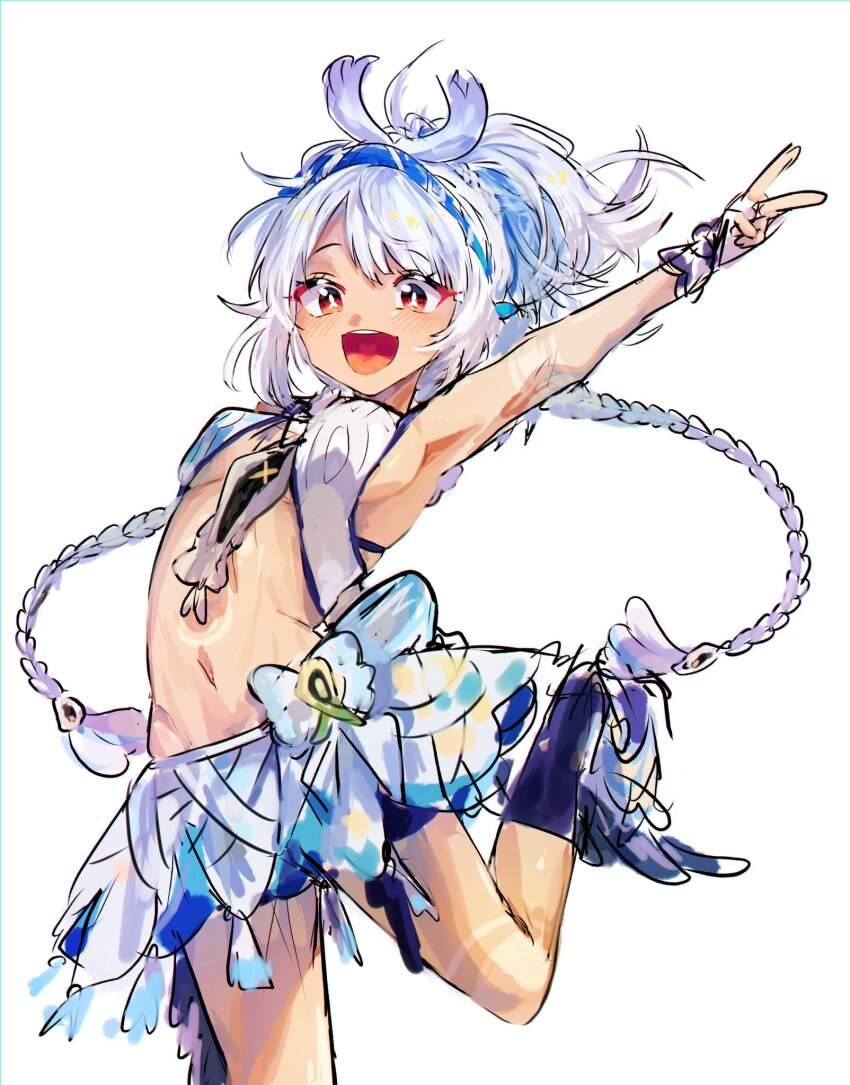 1girl bare_shoulders blue_hair blue_hairband braid crop_top fingerless_gloves genshin_impact gimchaelin73439 gloves hairband highres long_hair looking_at_viewer mualani_(genshin_impact) multicolored_hair open_mouth red_eyes smile solo symbol-shaped_pupils tan white_hair