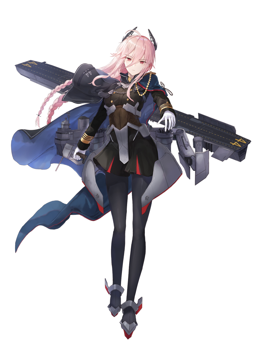 1girl ahoge aiguillette black_pantyhose black_shirt black_skirt braid breasts cape closed_mouth commentary expressionless female_focus flight_deck floating_hair full_body gloves hair_between_eyes head_tilt headgear highres holding kachi leyte_gulf_(steelblue_mirage) long_hair long_sleeves looking_at_viewer machinery military military_uniform miniskirt pantyhose pink_hair red_eyes rudder_footwear shirt sidelocks simple_background skirt small_breasts solo steelblue_mirage twin_braids underbust white_background white_gloves