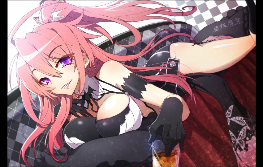 1girl bare_shoulders black_gloves breasts cleavage dougan_calpis_con female_focus gloves ignis_(jingai_makyou) jingai_makyou large_breasts lying nitroplus on_stomach pink_hair ponytail purple_eyes side_slit solo