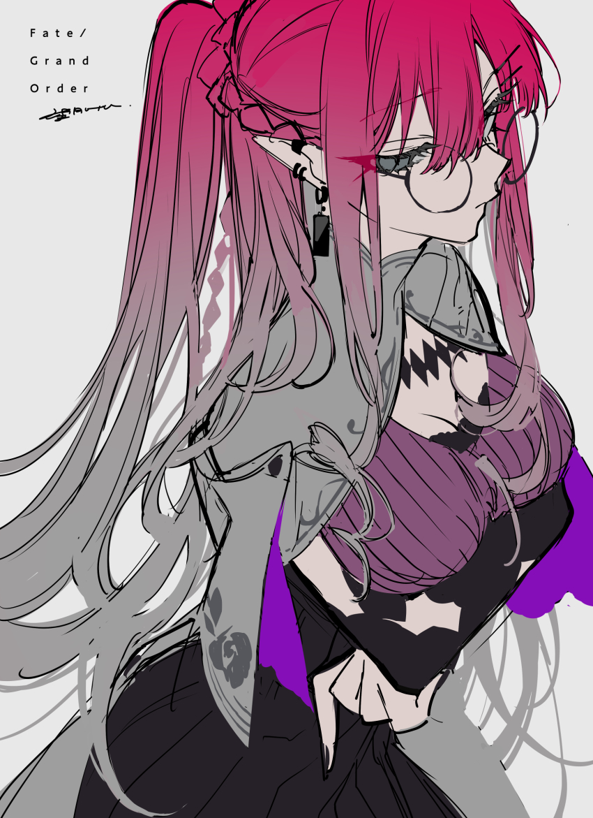 1girl absurdres baobhan_sith_(fate) baobhan_sith_(swimsuit_pretender)_(second_ascension)_(fate) black_skirt breasts capelet detached_sleeves earrings fate/grand_order fate_(series) grey_capelet grey_shirt highres jewelry long_hair looking_at_viewer mochizuki_kei pink_hair pointy_ears ponytail purple_shirt round_eyewear shirt sidelocks skirt solo white_background