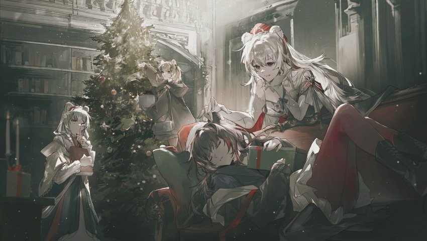 4girls animal_ears arknights bag bear_ears bear_girl blonde_hair blue_eyes blue_ribbon book bookshelf boots braid brown_footwear brown_hair candle cheonyeon-hi choker christmas_ornaments christmas_tree couch dress finger_to_mouth gift gloves gummy_(arknights) hair_ornament hairclip hand_on_another&#039;s_ear hat headband heterochromia highres holding holding_book holding_gift hood hoodie istina_(arknights) istina_(bibliosmia)_(arknights) jacket long_hair looking_ahead looking_at_another looking_back monocle multicolored_hair multiple_girls on_couch red_eyes red_thighhighs ribbon rosa_(arknights) rosa_(masterpiece)_(arknights) santa_hat short_twintails shoulder_bag shushing sleeping strapless strapless_dress streaked_hair tassel thighhighs twintails white_gloves white_hair zima_(arknights) zima_(ready_to_go)_(arknights)