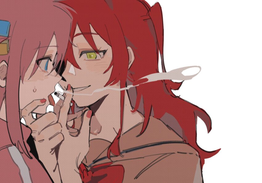 2girls blue_eyes bocchi_the_rock! cigarette cube_hair_ornament eye_contact gotoh_hitori hair_ornament highres imminent_injury jacket kita_ikuyo lingyi long_hair looking_at_another multiple_girls open_mouth pink_hair red_hair school_uniform simple_background smile smoking tongue tongue_out track_jacket white_background yellow_eyes yuri
