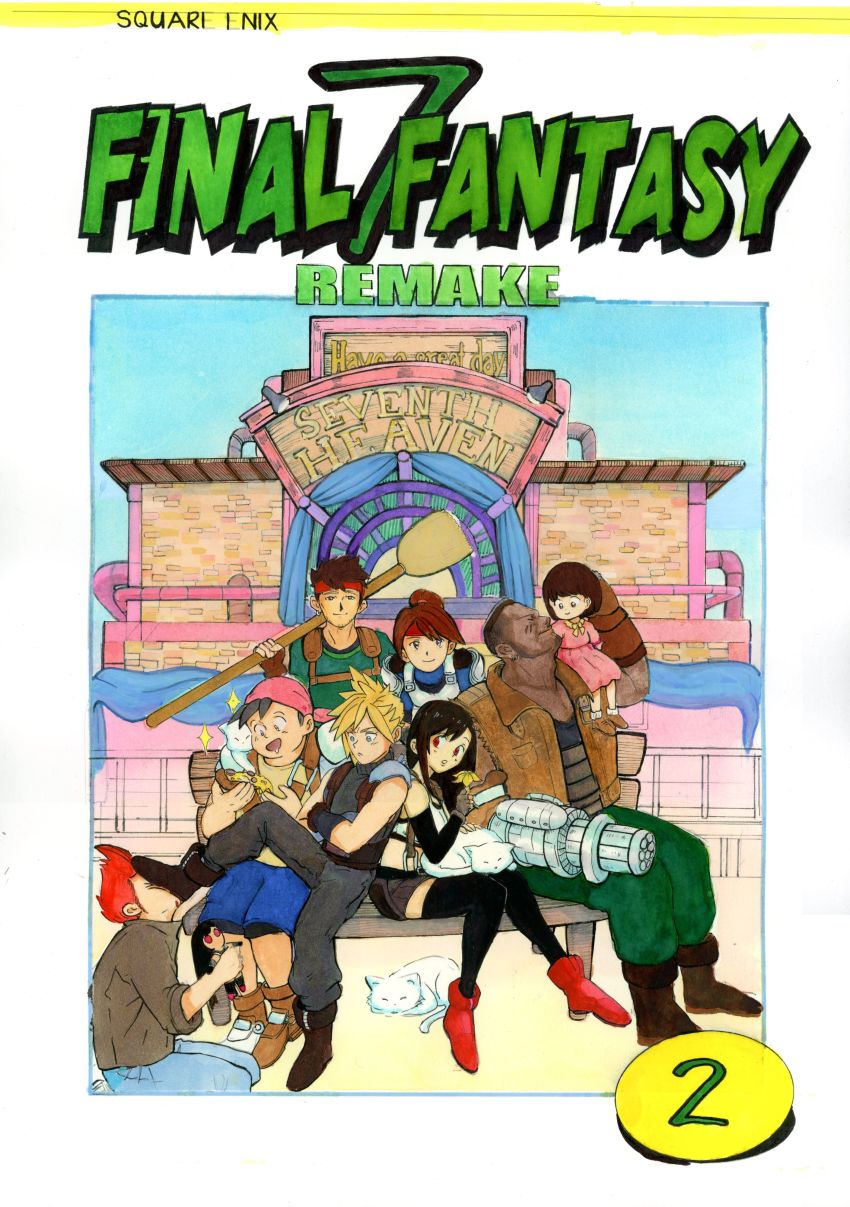3girls 5boys absurdres barret_wallace biggs_(ff7) black_hair black_skirt blonde_hair blue_eyes boots broom brown_hair cat child cloud_strife cover cover_page dark-skinned_male dark_skin detached_sleeves dress final_fantasy final_fantasy_vii final_fantasy_vii_remake flower gloves gun highres holding holding_broom holding_flower hugo_artist jacket jessie_rasberry johnny_(ff7) long_hair marlene_wallace multiple_boys multiple_girls pink_dress red_eyes red_footwear red_hair seventh_heaven sitting skirt spiked_hair thighhighs tifa_lockhart traditional_media weapon wedge_(ff7)