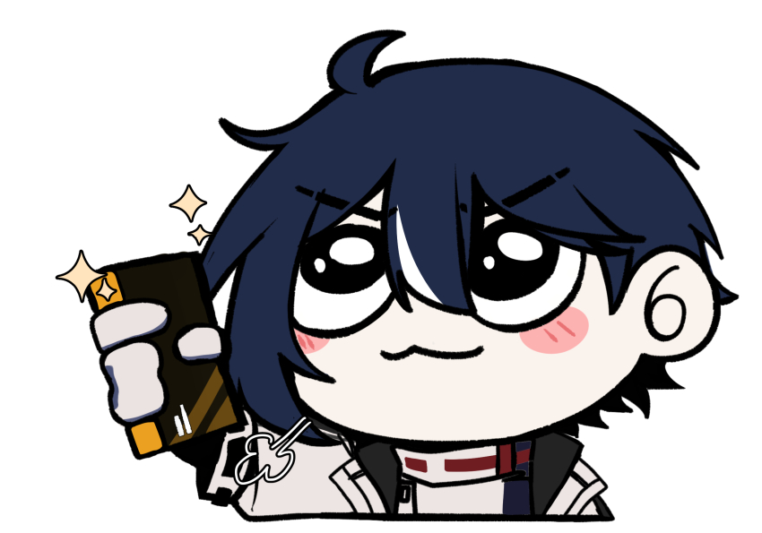 1boy black_card chibi commandant_(pgr) dimples dochikun highres image_sample pixiv_sample punishing:_gray_raven solo solo_focus white_background