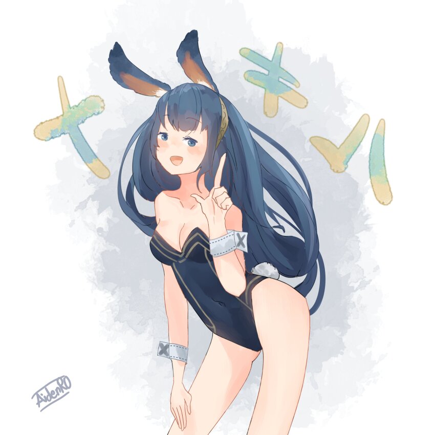 1girl absurdres animal_ear_fluff artist_name bare_shoulders blue_eyes blue_hair blue_leotard blush breasts character_name cleavage collarbone covered_navel cowboy_shot female_focus fire_emblem fire_emblem_awakening grey_background hairband hand_on_own_leg hand_up happy highres index_finger_raised japanese_text leotard long_hair looking_at_viewer lucina_(fire_emblem) matching_hair/eyes mirrored_text nintendo open_mouth playboy_bunny rabbit_ears rabbit_girl rabbit_tail sidelocks signature simple_background small_breasts smile solo spindle_(aidenr0) standing strapless strapless_leotard thighs wrist_cuffs yellow_hairband