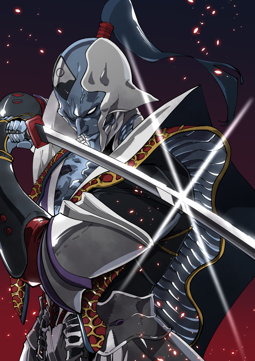 absurdres amakawa_mayu armor blue_skin colored_skin commission glint gradient_background grin helmet high_ponytail highres holding holding_sword holding_weapon kensho_budoh looking_at_viewer no_pupils pixiv_commission ponytail seijuu_sentai_gingaman smile super_sentai sword tokusatsu weapon