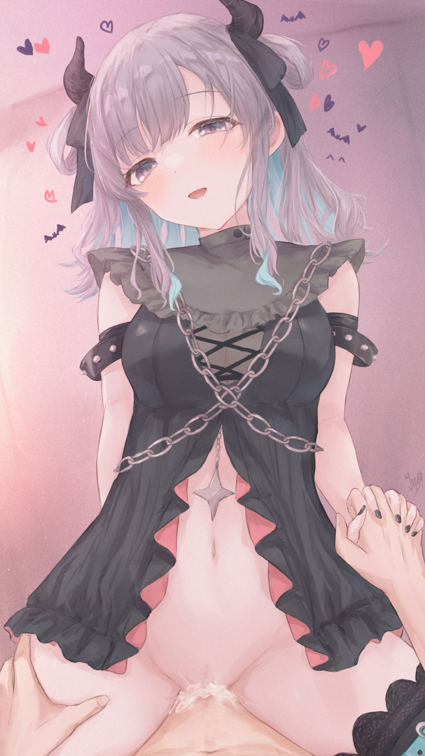 1boy 1girl :d babydoll bat_(animal) black_armlet black_babydoll black_nails black_ribbon black_thighhighs blue_hair blush bottomless breasts chain colored_inner_hair cowgirl_position cum cum_overflow demon_horns gameso hair_ribbon hair_rings heart hetero highres holding_hands horns idolmaster idolmaster_shiny_colors lace lace-trimmed_thighhighs lace_trim medium_breasts medium_hair multicolored_hair nail_polish navel open_mouth pov purple_background purple_eyes purple_hair ribbon sex sidelocks signature smile straddling studded_armlet thigh_grab thighhighs vaginal yukoku_kiriko