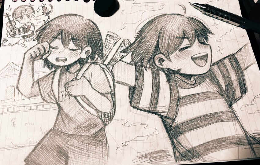 1boy backpack bag blush box christmas_tree closed_eyes gift gift_box greyscale holding holding_instrument holding_violin house instrument kel_(faraway)_(omori) kel_(omori) male_focus monochrome omori pasuta928008 rolled_up_newspaper rubbing_eyes shirt short_hair short_sleeves shorts solo speech_bubble spoilers sunny_(omori) t-shirt teeth thought_bubble traditional_media upper_teeth_only violin