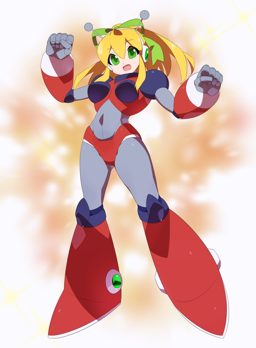 absurdres antennae armor armored_boots armored_gloves arms_up bikini_armor blonde_hair blue_eyes blurry blurry_background boots breasts covered_navel green_ribbon hair_ribbon hairband headphones henshin highres hyper_roll_(marvel_vs._capcom) joints kaidou_zx knee_boots knee_pads large_breasts long_hair looking_at_viewer marvel_vs._capcom mechanical_arms mechanical_boots mechanical_legs mega_man_(classic) mega_man_(series) navel ponytail radio_antenna red_armor ribbon robot robot_girl robot_joints roll_(mega_man) shoulder_armor sidelocks simple_background smile sparks transformation white_background