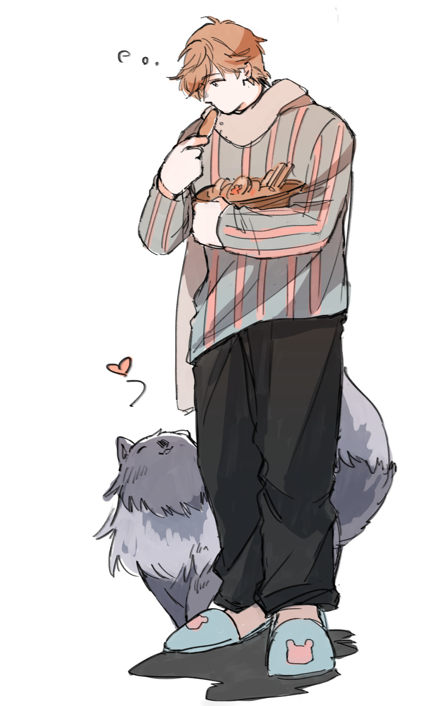 1boy absurdres animal animal_ears animal_nose animal_print axis_powers_hetalia bear_print black_pants blonde_hair blue_slippers blue_sweater bowl cat cat_ears cat_tail commentary_request cookie eating food full_body goro_nyanko grey_cat grey_fur hand_up heart highres holding holding_bowl holding_food long_sleeves looking_at_animal looking_down pants pet puffy_long_sleeves puffy_sleeves purple_eyes russia_(hetalia) scarf shadow short_hair simple_background slippers striped_clothes striped_sweater sweater tail white_background white_scarf