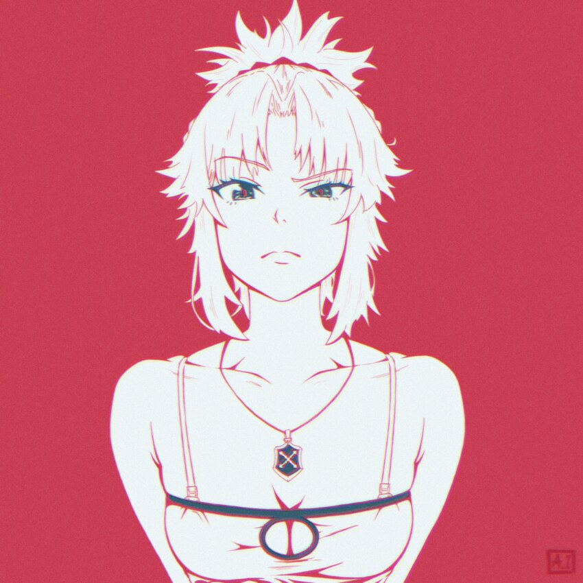 1girl ai_shou breasts circle_cutout cleavage clothing_cutout commentary english_commentary fate/grand_order fate_(series) highres jewelry mordred_(fate) necklace parted_bangs ponytail raised_eyebrow red_background short_hair sidelocks uneven_eyes