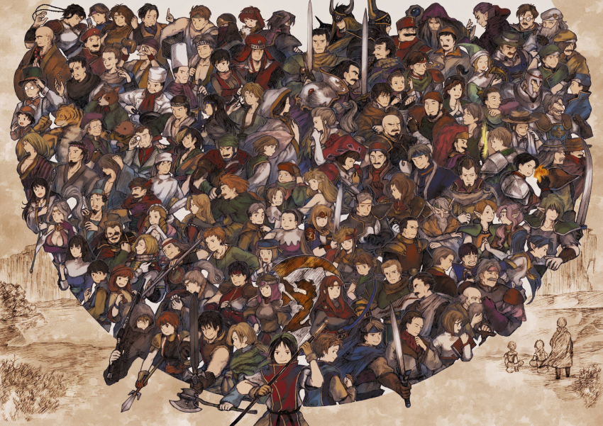 6+girls absolutely_everyone adjusting_eyewear armor back beads between_fingers black_hair blouse blue_hat blunt_bangs bob_cut braid breasts brother_and_sister brown_hair carrying carrying_under_arm character_request chef cleavage cleo_(suikoden) collared_shirt commentary_request covered_mouth everyone fake_horns father_and_daughter father_and_son flik_(suikoden) flower flower_over_mouth frown futch_(suikoden) gensou_suikoden gensou_suikoden_i glasses green_hat gremio_(suikoden) hachimaki hair_between_eyes hair_bun hair_slicked_back halterneck hand_on_own_head hat hat_tip head_wings headband helmet high_ponytail highres hix_(suikoden) holding holding_hands holding_sword holding_weapon horned_helmet horns humphrey_mintz interlocked_fingers jeane_(suikoden) jewelry kasumi_(suikoden) leknaat long_hair low_ponytail luc_(suikoden) maeka_(kumaekake) multi-tied_hair multiple_boys multiple_girls necklace nejiri_hachimaki odessa_silverberg one_eye_covered opaque_glasses orange_hat overalls own_hands_together pahn_(suikoden) paint_palette pauldrons pesmerga_(suikoden) pointy_ears pointy_nose ponytail prayer_beads red_hat remembering revision round_eyewear scar scar_across_eye scar_on_face shirt short_hair shoulder_armor siblings single_hair_bun sisters skin_tight smile staff sword tabard tai_ho ted_(suikoden) tengaar_(suikoden) teo_mcdohl tir_mcdohl top_hat topknot twin_braids v valeria_(suikoden) viki_(suikoden) viktor_(suikoden) weapon white_hat white_shirt wings yam_koo yellow_hat