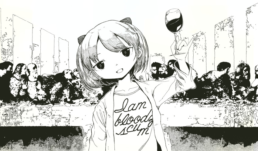 1girl alcohol arm_up bow clothes_writing commentary_request cup dong-hang drinking_glass fang fine_art_parody greyscale hair_bow head_tilt highres holding holding_cup long_sleeves looking_at_viewer monochrome open_mouth original parody shirt short_hair skin_fang smile solo straight-on the_last_supper upper_body wine wine_glass