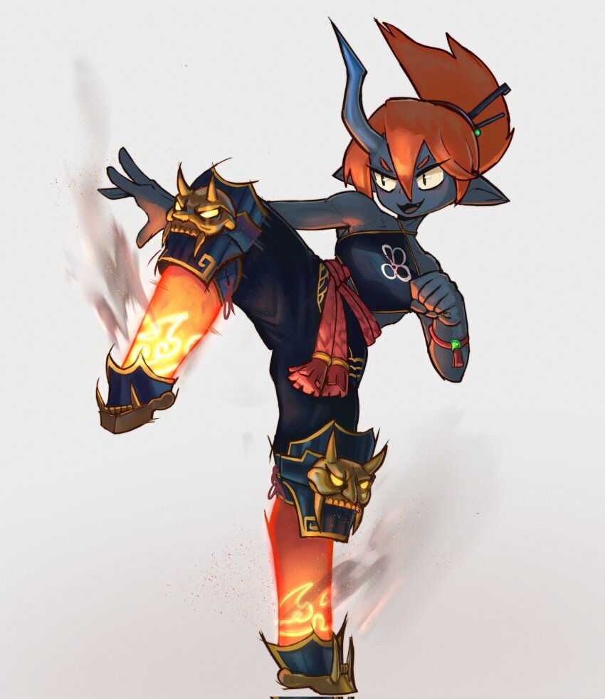 1girl bare_arms bare_shoulders black_skin borrowed_character clenched_hand colored_skin fang fighting_stance full_body hair_between_eyes hair_ornament hair_stick highres horns knee_pads leg_up monster_girl multicolored_skin orange_hair orange_skin original porforever simple_background single_horn smoke standing standing_on_one_leg tallinax