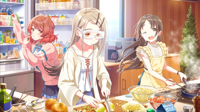 3girls ahoge apron bottle bowl bracelet brown_eyes brown_hair cabinet camisole cardigan coffee_maker earrings egg eggshell food fruit frying_pan gakuen_idolmaster game_cg goggles hair_ornament hairclip hanami_ume highres holding idolmaster jewelry kitchen_knife knife kuramoto_china milk_carton multicolored_hair multiple_girls necktie official_art one_eye_closed onion open_mouth orange_eyes pink_cardigan plate red_hair refrigerator refrigerator_interior salt_shaker shinosawa_hiro skirt steam strawberry tears tree