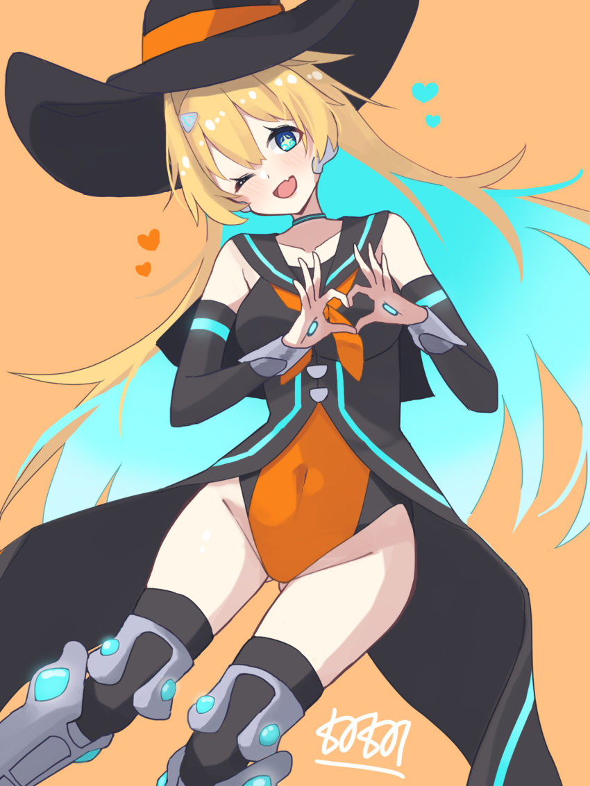 +_- 1girl aqua_choker aqua_hair black_arm_warmers black_hat black_sailor_collar black_skirt black_thighhighs blonde_hair blue_eyes blush choker collarbone commentary covered_navel gluteal_fold gradient_hair hair_between_eyes hair_ornament halloween halloween_costume happy_halloween hat head_tilt heart heart_hands highleg highleg_leotard highres isei_sei leg_armor leotard long_hair looking_at_viewer multicolored_hair multicolored_leotard neon_trim one_eye_closed open_mouth orange_background ralmia_(shadowverse) sailor_collar shadowverse showgirl_skirt simple_background skirt smile solo thighhighs two-tone_hair two-tone_leotard witch_hat