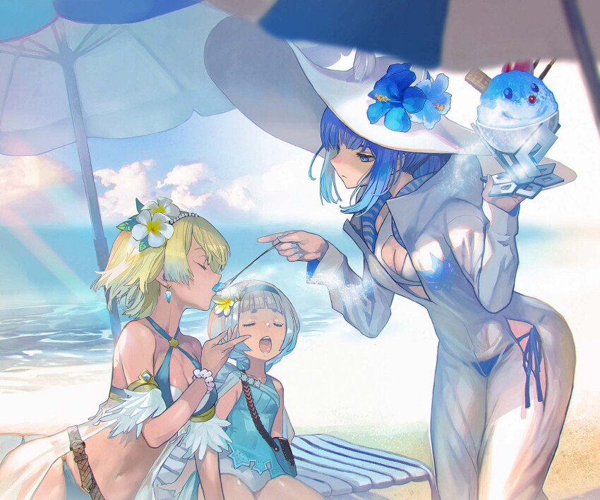 3girls arm_support armlet armpit_crease bag beach beach_umbrella bikini blonde_hair blue_bikini blue_eyes blue_flower blue_gemstone blue_hair blue_one-piece_swimsuit blunt_bangs blurry blurry_background bob_cut breasts chair cleavage closed_eyes cloud collarbone colored_tips commentary_request covered_navel earrings eyebrows_hidden_by_hair feathers feeding fire_emblem fire_emblem_heroes fjorm_(fire_emblem) fjorm_(summer)_(fire_emblem) flat_chest flower flower_request food food_with_face gem hair_flower hair_ornament hairband halterneck handbag highres holding holding_food holding_ice_cream holding_spoon ice_cream jewelry large_hat leaning_forward lounge_chair maeshima_shigeki medium_breasts multicolored_flower multicolored_hair multiple_girls nail_polish navel nifl_(fire_emblem) nifl_(summer)_(fire_emblem) nintendo ocean official_alternate_costume one-piece_swimsuit open_mouth sarong see-through_clothes short_hair_with_long_locks sidelocks spoon string_bikini swimsuit thighs umbrella w_arms white_flower white_hair white_headwear wide_hips wristband ylgr_(fire_emblem) ylgr_(summer)_(fire_emblem)