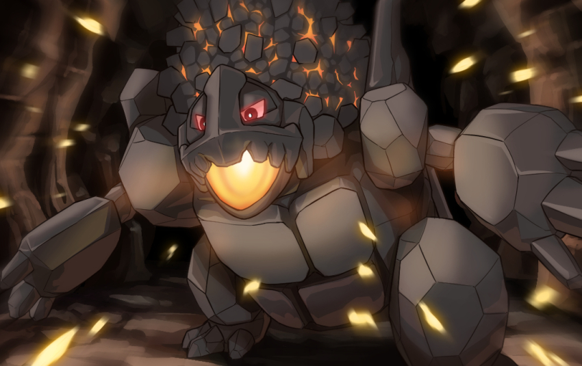 cave_interior coal coalossal colored_sclera embers gen_8_pokemon glowing_mouth hakuginnosora nintendo no_humans open_mouth pokemon pokemon_(creature) pokemon_focus red_eyes red_sclera solo standing